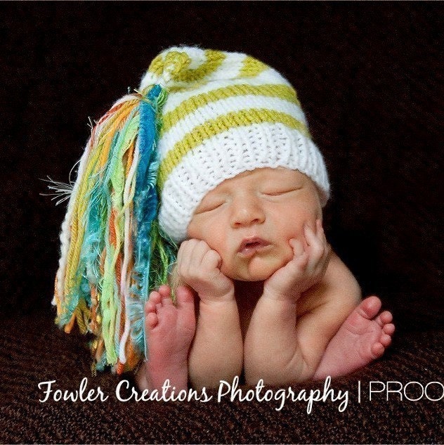 Baby Boy Girl Hat PHoTO PRoP Newborn Unigender Striped CHUCKLES Cap White Dark Lime w turquoise orange SuPeR TaSSeL Pick Color Knit to Orde