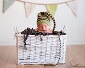 Newborn Boy Girl HAT Baby PHoTo PRoP Long Tail MUNCHKIN Stocking Cap UNiGeNDeR Pistachio w Chocolate Brown stripe PiCk CoLors Knit to Order