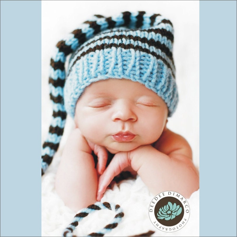 NeWBoRN Baby Boy Hat PHoTO PRoP Munchkin LoNg TAiL Stocking Cap KNiT to ORDeR Blue Chocolate Brown Stripe PiCk CoLors Take Home Gift Toque