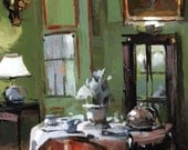 Art Print Green French Dining 5x7 on 8x10 - Set Table in a Green Paneled Room by David Lloyd