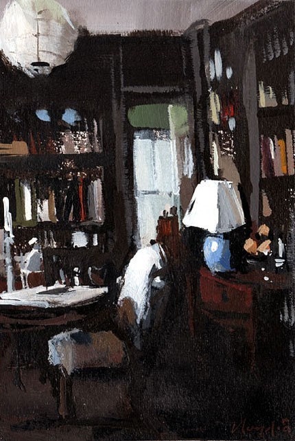 Art Print Library Books Study Interior Dark 9x12 on 11x14 - Dark Study by David Lloyd