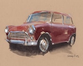 Art Print Car Painting Mini Cooper Retro Red Geekery 5x7 on 8x10 - Red Mini by David Lloyd