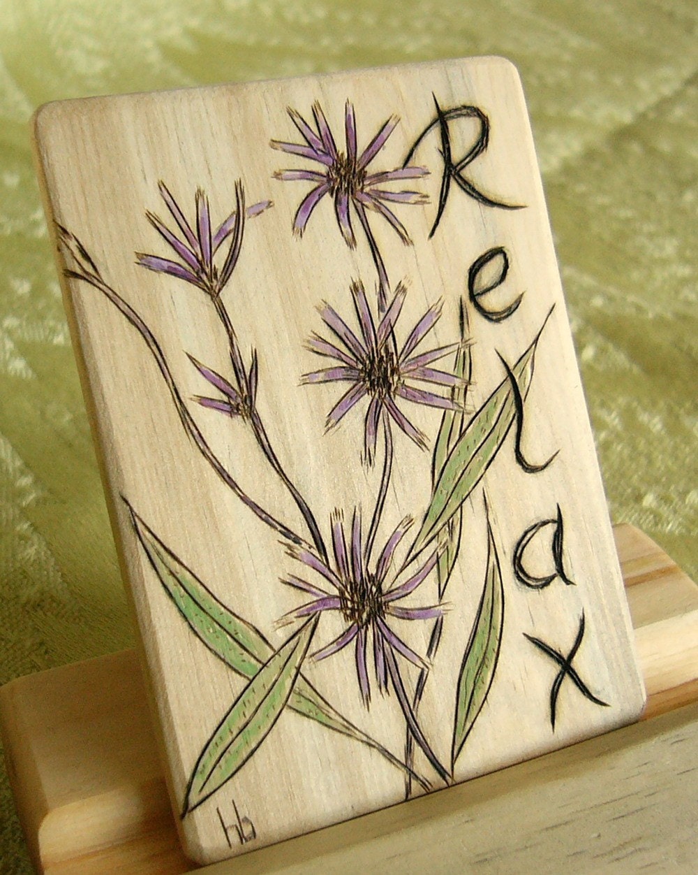 Original Birch Wood Art Card ACEO with etched Wildflowers & focus word 'Relax'
