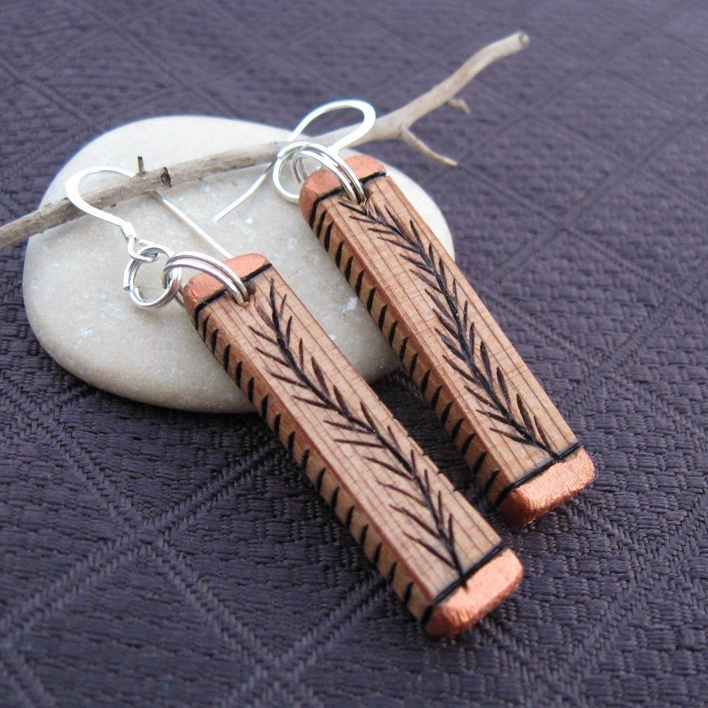 Cedar WOOD Earrings...with etched evergreen twigs