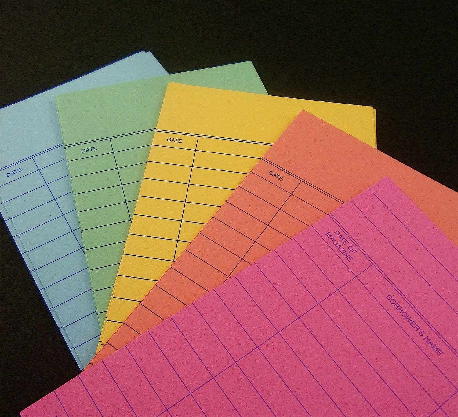 25 SETS  colorful library cards and pockets  / authentic 5 color assortment