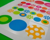 round box seals . big label stickers . clear colorful assorted brights