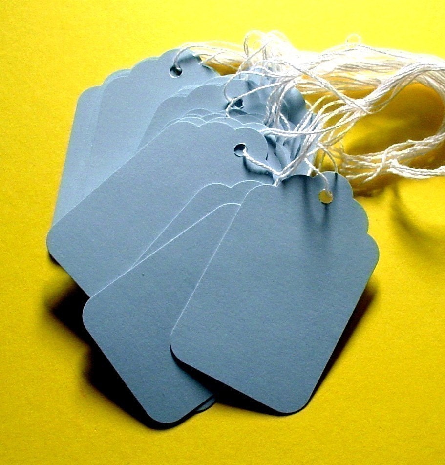 150 blue scalloped paper tags with string . BULK discount