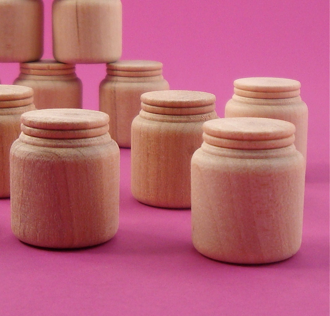 15 tiny SHORT wood mason jars . doll miniatures . unfinished wood . LIMITED stock