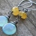 smooth aqua chalcedony and rare faceted yellow helidor aquamarine earrings - oxidized silver