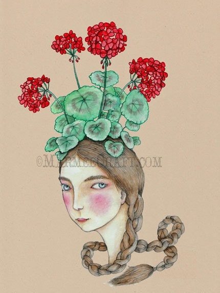 Geranium girl art print, "The Geranium Cap"