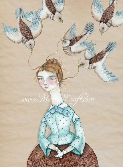 Victorian girl and birds art print, "Bird's Nest"