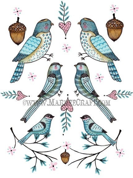 Bird and acorn folk art print, "Folkloric"
