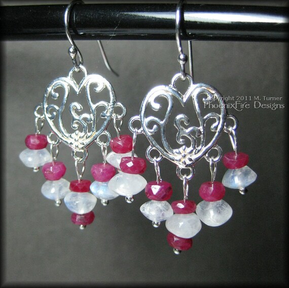 Ruby and Rainbow Moonstone Gemstone Heart Earrings in Sterling Silver Valentines Day Love Sweetheart