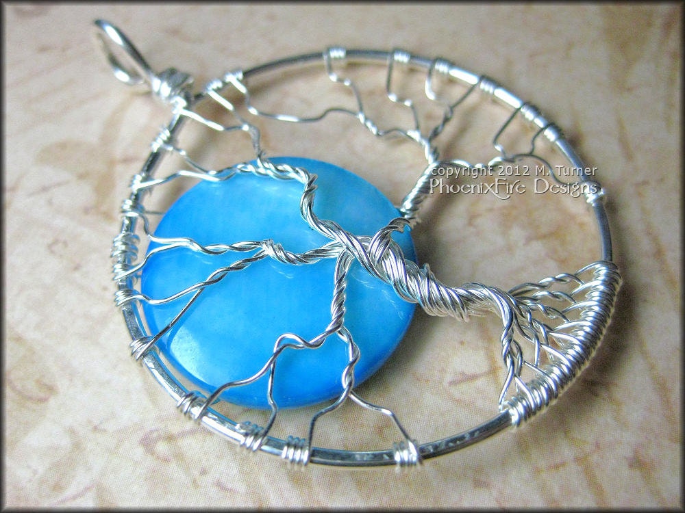 Once In A Blue Moon - Full Moon Tree of Life Pendant in Sterling Silver Wire with Aqua Blue Pearl Shell Original Design Miss M. Turner PFD