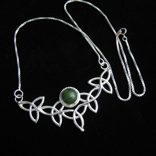 Jade Celtic Trinity Knot Pendant in Sterling Silver with 16 Inch Box Chain, Handmade, 925