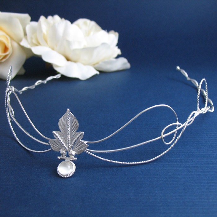 Woodland Leaf Wedding Bridal Circlet, Middle Earth Headpiece,  Moonstone Circlet, Sterling Silver Handmade