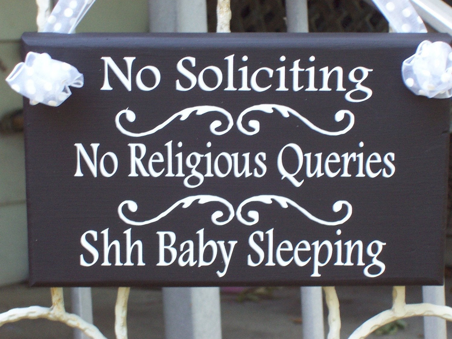 Shabby Cottage Chic Wood Vinyl Sign - No Soliciting - No Religious Queries - Shh Baby Sleeping - Door Hanger