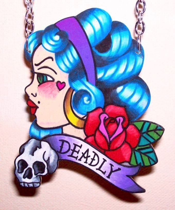deadly blue haired pin up girl necklace