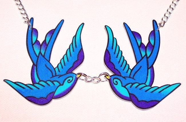 blue purple and teal swooping sparrow necklace