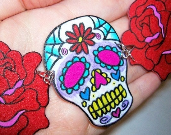 floral sugar skull and roses necklace