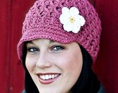 Adult Daisy Visor Beanie - dark rose, yellow, white