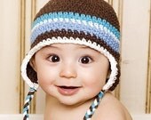 Baby Earflap Beanie - chocolate, peacock, white, lt blue