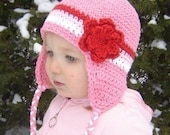 Baby Earflap Flowered Beanie - rose pink, red, pastel pink, white