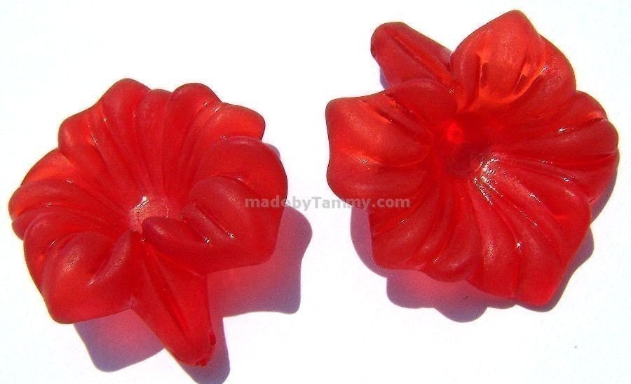 Red Lily Flower Pendant Beads 30mm x 32mm  Lot of 2 Large Lucite PC549R