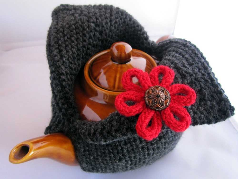 Tea Cosy modern knit - charcoal grey with scarlet red flower embellishment - custom and handmade for you