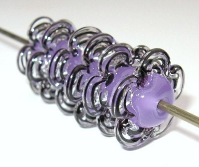 Lilac Purple and Black Swirl Lampwork Glass Flower Beads