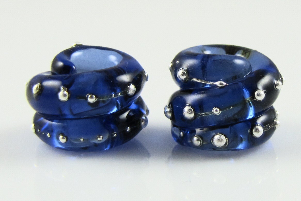 Sapphire Blue Fine SIlver Wrap Big Hole Spacer Bead Pairs