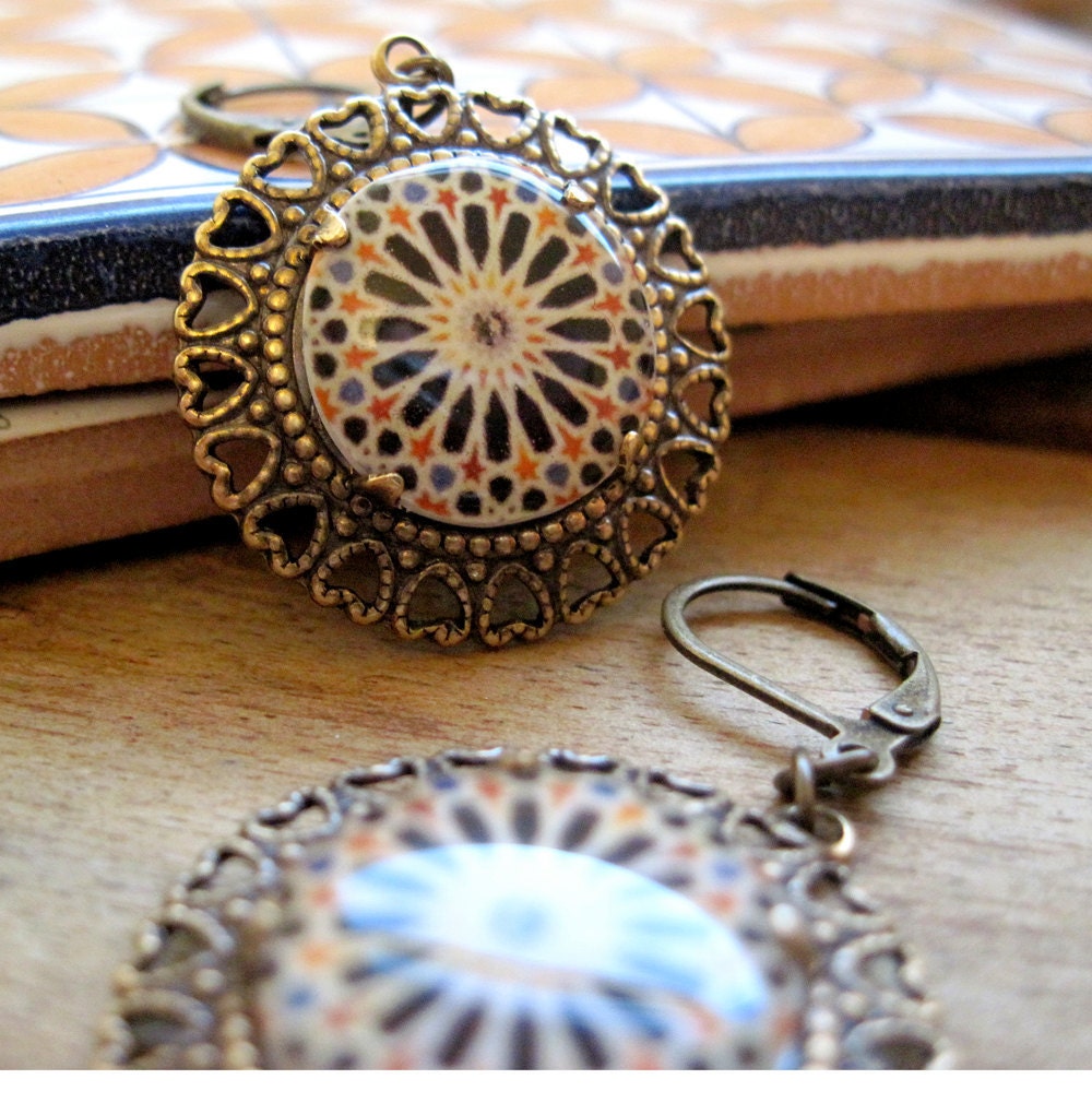 Calat Alhambra tile, Tribal Boho earrings, geometric, Handmade Islamic tile design cabochon, antique brass setting, lever back earwires, MTO