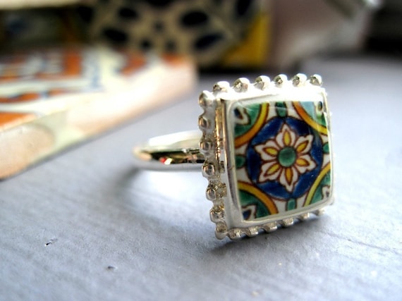 Ring, Portugal, Spain, Mexico, Mediterranean ceramic tile design ring, Sterling silver, sizes 6, 7, 8, 9, and 10, free gift wrap