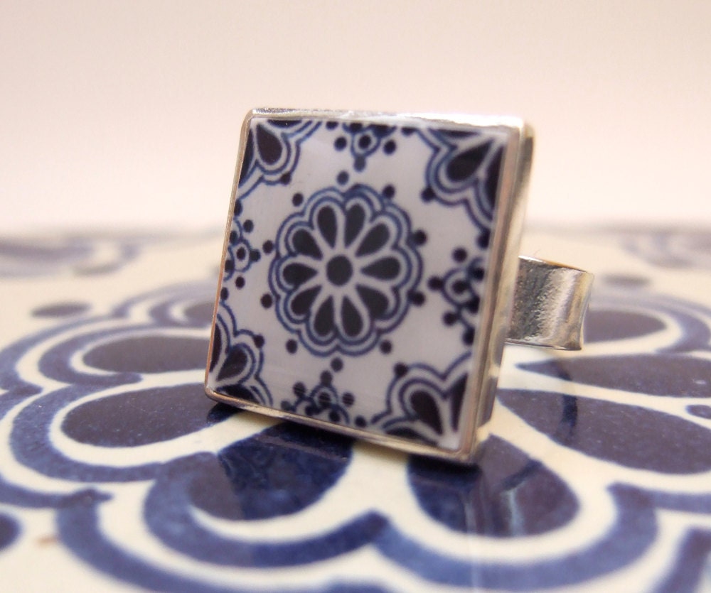 Mexican Ring, Talavera tile miniature, sterling silver, adjustable, Southwest chic, Day of the dead, Dia de los Muertos jewelry