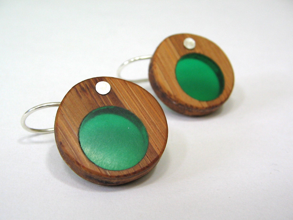 Bamboo and blue/green resin circle earrings