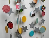 Childrens Garland, Silver Stars, Colorful Circles and 3-D Shapes
