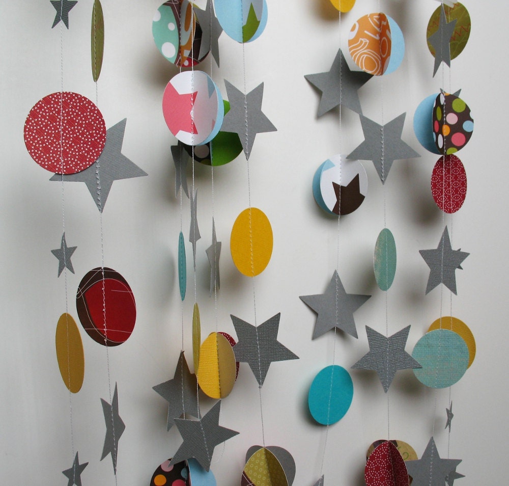 Childrens Garland, Silver Stars, Colorful Circles and 3-D Shapes