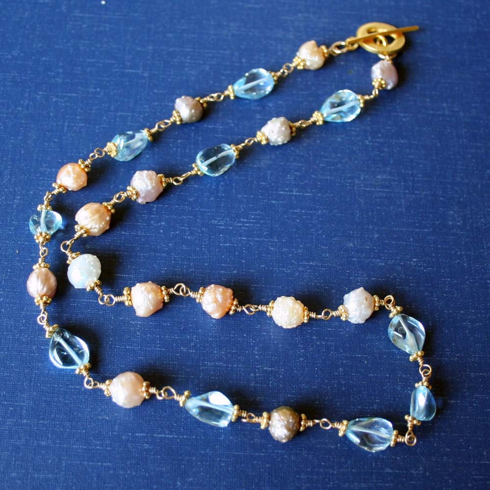 Blue Topaz and Pearl Necklace, Gemstone and Pearl Necklace, Bridal Necklace, Wedding Necklace, Pearl Necklace, Blue Topaz Necklace