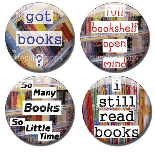 1-inch 4 pinback button pack for book lovers - Original designs based on local independent bookstore - Free shipping