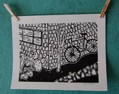CACTI, BIKE - linocut print
