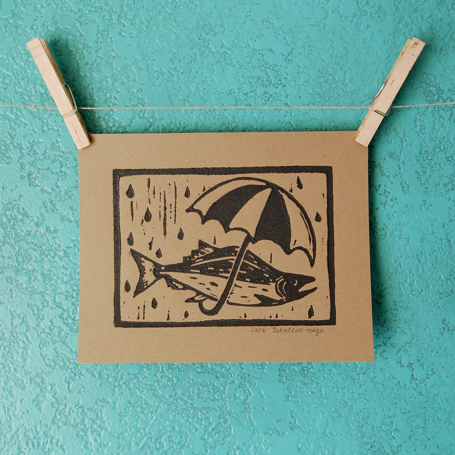 SALMON, UMBRELLA - linocut print