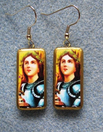 Saint Joan of Arc Catholic Recyled Upcycled Domino Art Earrings JA2 FREE US SHIPPING