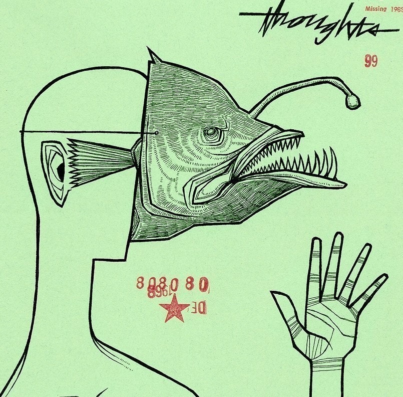 Abyssal Angler Fish Mask two color fish deep sea nautical ocean sea life anthropomorphic drawing artprint