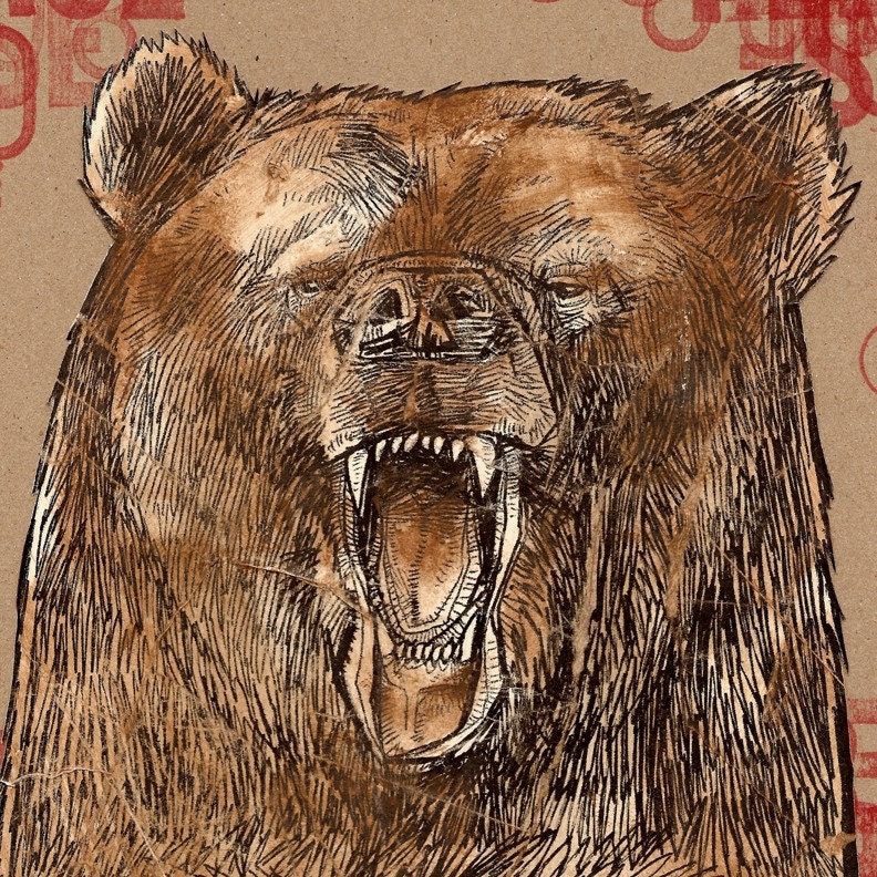 Grizzly Mask Man jumbo woodland bear mask shabby chic anthropomorphic art poster print