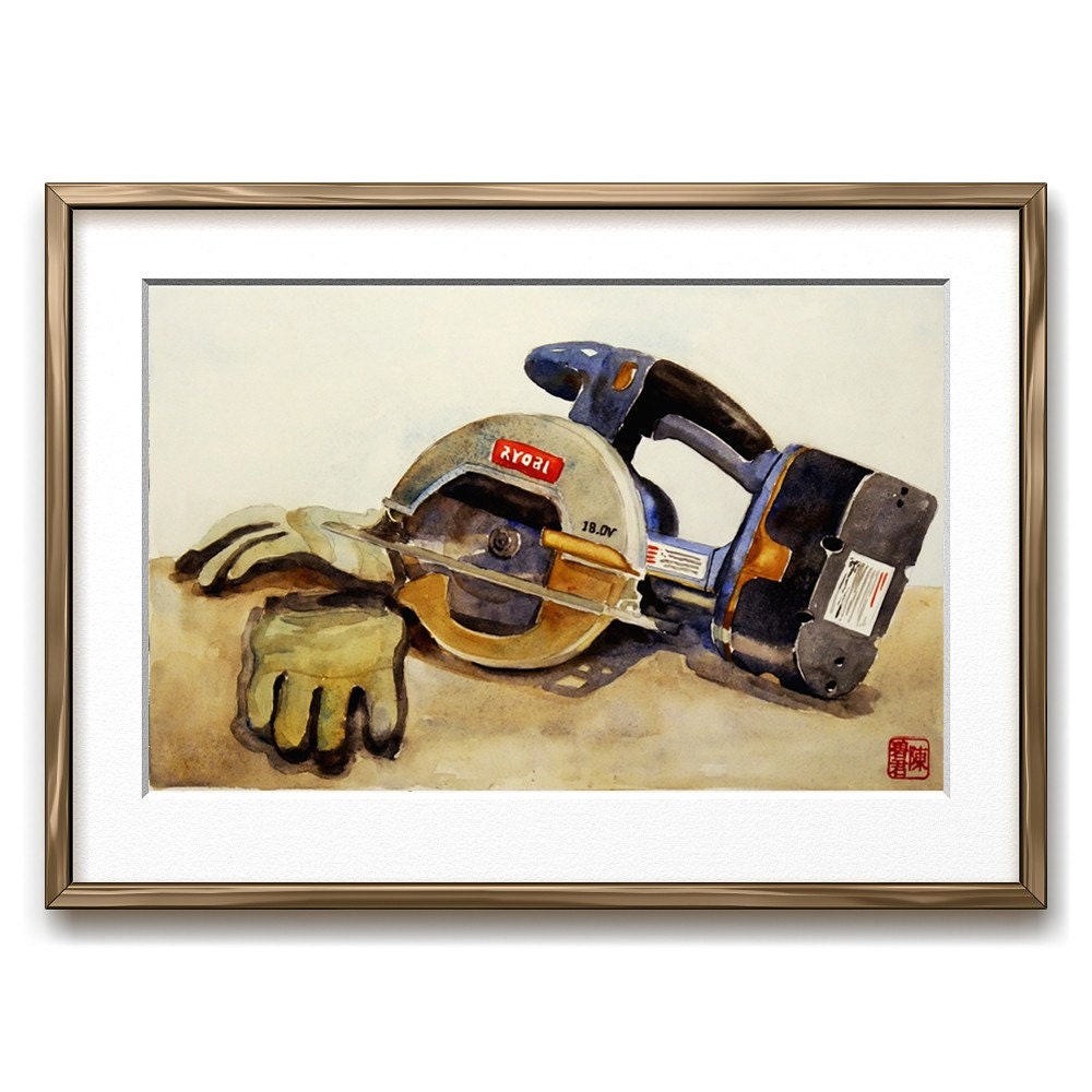 Original Watercolor Painting, Circular Saw, 12 x 18