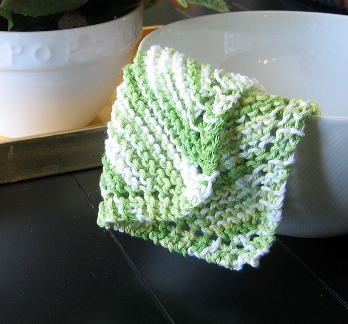 Hand Knit Cotton Dishcloth - Green and White