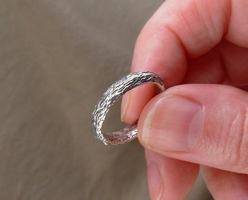 Mens Ring - Sterling Silver Tree Bark Band - Sizes 9 to 11.5
