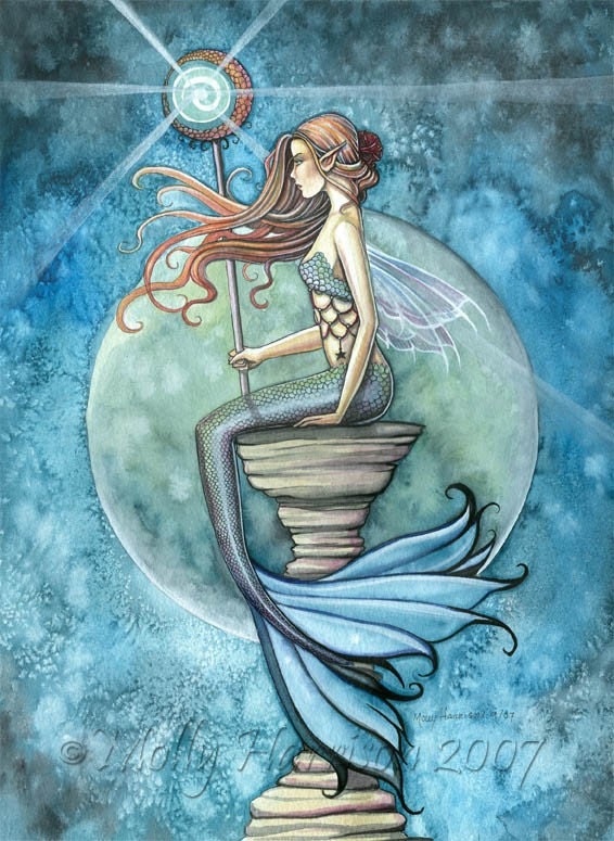 Mermaid Limited Edition Fine Art Print 11 x 15  'Jade Moon'  Fantasy Watercolor by Molly Harrison