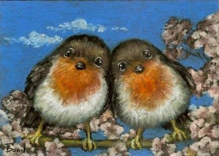 Two robins singing love songs in cherry blossom - ACEO PRINT of an original painting by Tanya Bond - tanyabond