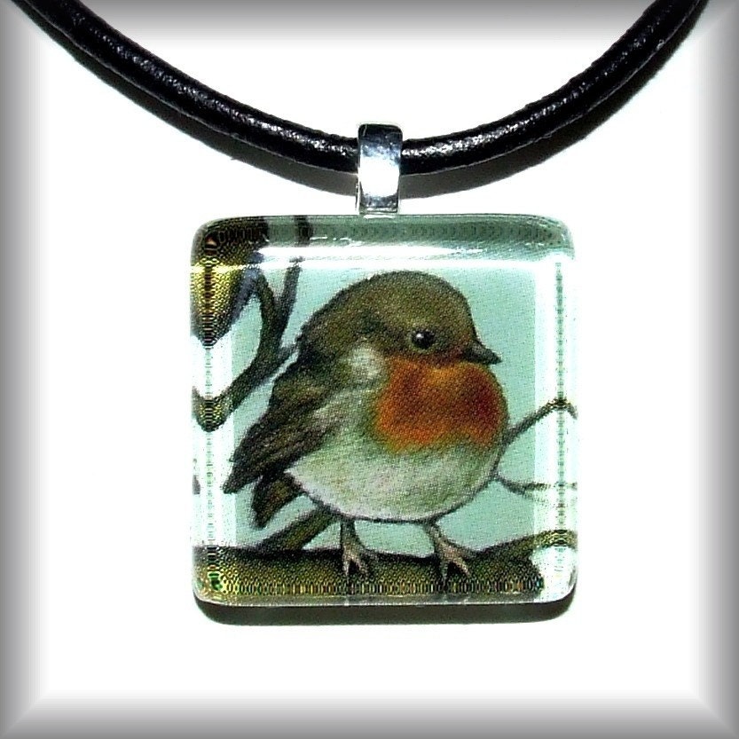 Robin -  square GLASS TILE PENDANT - wearable art necklace featuring print of painting by Tanya Bond